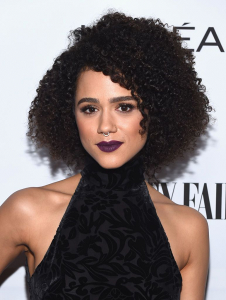 Nathalie Emmanuel curly bob with side-swept bangs