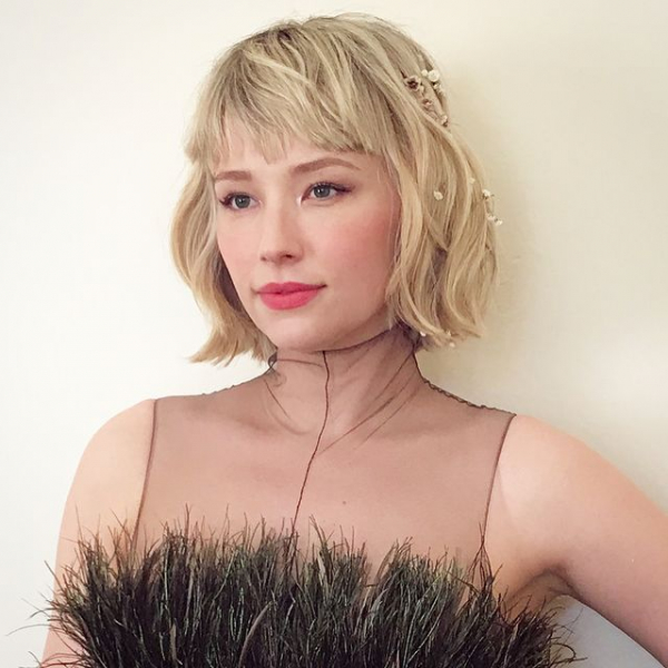 Haley Bennett textured blonde bob with bangs